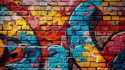 A vibrant graffiti mural covers a brick wall with splashes of blue, yellow, red and pink.