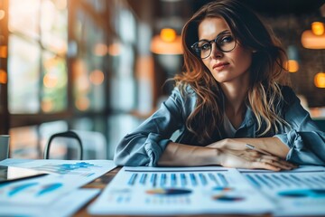A young woman sits at a table, looking intently at financial charts. Her thoughtful expression suggests she is analyzing the data.