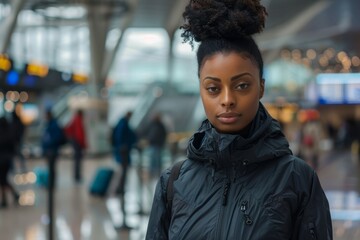 Wall Mural - Portrait of a tender afro-american woman in her 20s wearing a windproof softshell isolated in bustling airport terminal