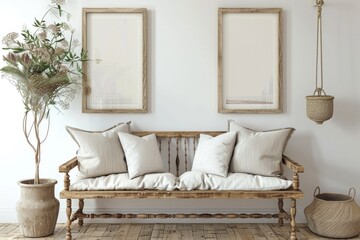 Wall Mural - A simple wooden bench sits beside two framed pictures, perfect for use in home decor or design projects