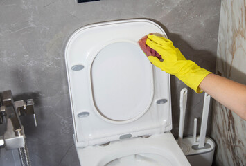 Cleaning, washing and wiping the toilet bowl and brushes with a sponge to remove dirt. Toilet cleaning by a cleaning company, close-up