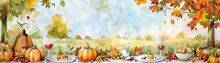 Thanksgiving dinner outdoors with fall scenery, watercolor style, al fresco celebration