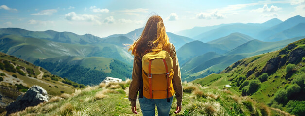 wide panoramic travel banner background with isolated traveler hiker girl with a back pack standing at the mountain peak and looking at a misty mountain valley