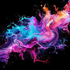 Poster - Vibrant abstract paint splash with swirling colors of pink, blue, and orange against a dark background, creating a dynamic artistic visual.