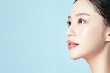 Side profile of a woman with flawless skin and natural makeup against a blue background, highlighting beauty and skincare.