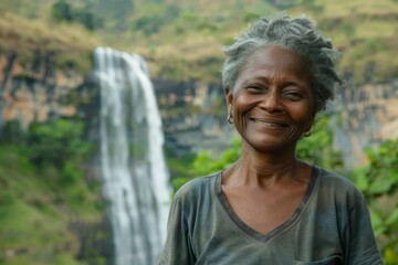 Wall Mural - Portrait of a grinning afro-american woman in her 60s dressed in a casual t-shirt on backdrop of a spectacular waterfall