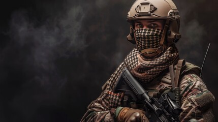 Close up of an Army Soldier in combat uniform with an assault rifle, wearing a combat helmet, Shemagh Kufiya scarf around his neck. dark background. Ai generated image