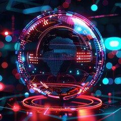 Aufkleber - Futuristic digital globe with neon lights representing technology, data, and global connectivity. Vibrant and high-tech visual concept.