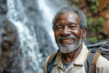 Wall Mural - Portrait of a smiling afro-american man in his 60s sporting a breathable hiking shirt isolated in backdrop of a spectacular waterfall