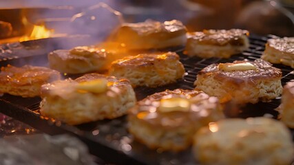 Wall Mural - The comforting smell of freshly baked biscuits fills the air as they cook on a griddle over the fire topped with melted butter and honey.