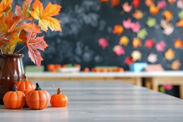 Decorative pumpkins and autumn leaves on a table with colorful fall-themed decorations in the background, perfect for seasonal settings.