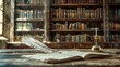 © Zidan - Illustration of an old quill with an inkwell and an old book on a wooden table facing an antique bookshelf. Ai generated image