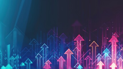 Poster - Colorful digital arrows pointing upwards on a dark background, representing growth, progress, and success in technology or business.