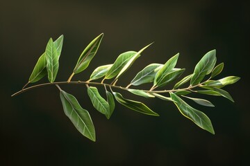 A close-up shot of a branch with green leaves