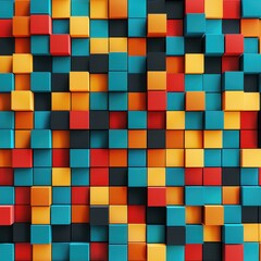 Fototapete - Colorful block pattern with vibrant red, yellow, and blue cubes creating a dynamic, abstract visual texture.