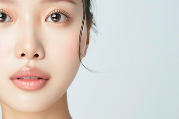 close-up portrait of a young woman with clear skin and natural makeup, showcasing beauty and simplic