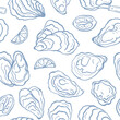 © chekiwart - Hand drawn monochrome oyster and lemons seamless pattern