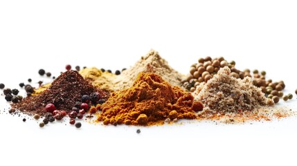 Wall Mural - Close-up of various spices arranged on a white background