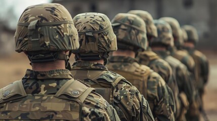 Rear view of soldiers in formation, showcasing their camouflage uniforms and helmets.