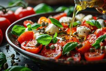 Wall Mural - food salad cheese vegetarian basil italian mozzarella caprese tomato fresh vegetable green plate dinner dish