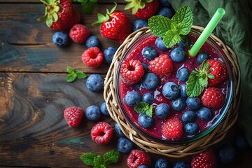 Wall Mural - A bowl of mixed berries and mint is on a wooden table