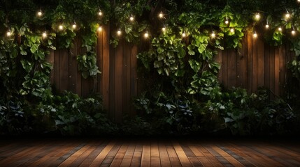 Wall Mural - green wood background with string lights