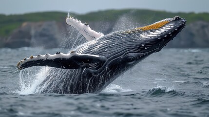 Wall Mural - A humpback whale breaching the ocean surface, its massive body creating a spectacular splash.