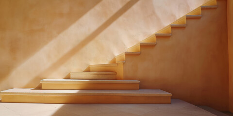 Sticker - Modern Minimalist Staircase Against Sunlit Wall in Warm Yellow Hue