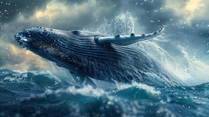 Wall Mural - A humpback whale breaching the ocean surface, its massive body creating a spectacular splash.