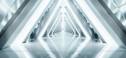 Poster - An alien ship tunnel with glowing abstract shape lights, a reflective surface, an empty end, and a black end rendered in three dimensions