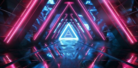 Poster - 3D rendering of a futuristic sci fi dark empty triangle corridor with blue and purple neon lights reflecting technology