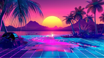 Sticker - A retro sci-fi grid with neon colors, night and sunset, vintage cyberpunk illustration, and a retro synthwave style neon landscape background.