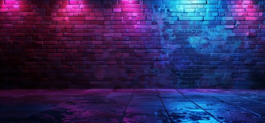 Poster - Three dimensional rendering of a futuristic sci-fi retro elegant club disco party with neon lights, purple pink and blue grunge bricks, and a stage with an empty backdrop<extra_id_20>.