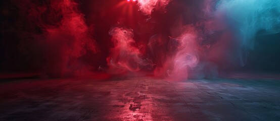 Poster - 3D illustration of an underground garage with a red neon laser line glowing against the concrete walls and floor, creating a smoke fog effect. Place for adding text or design.