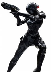 Poster - Young girl in a futuristic black armor suit with a helmet, shooting with gun. Cybernetic female. 3D rendering on a white background.