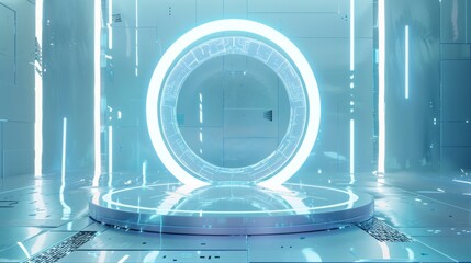 Poster - A futuristic white illustration with cyber punk sci-fi style and a 3D rendering of a glass digital wall