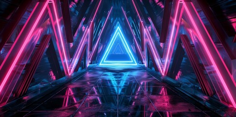 Poster - The futuristic sci-fi concept image shows a dark empty triangle interior metal mesh corridor with blue and purple neon lights reflected in a technology concept image