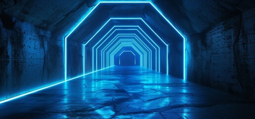 Poster - Modern Futuristic Alien Reflective Concrete Corridor Tunnel Empty Room With Classic Pantone Cyber Blue Neon Glowing Lights Hexagon Floor Background 3D Model