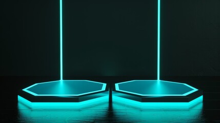 Poster - Design Technology Sci-Fi Interior Concept - Futuristic Podium, Futuristic Blue Glowing Empty Showcase.2D drawing of futuristic podium.Futuristic background for design technology sci-fi interior