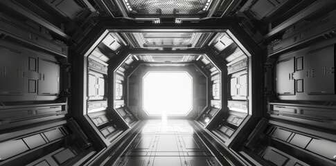 Poster - The entrance to a futuristic modern garage showroom tunnel. 3D illustration of the entrance
