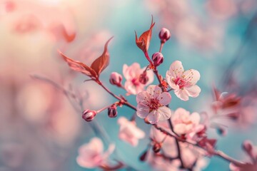 close-up view of a tree branch adorned with colorful flowers, ideal for using in nature-themed desig