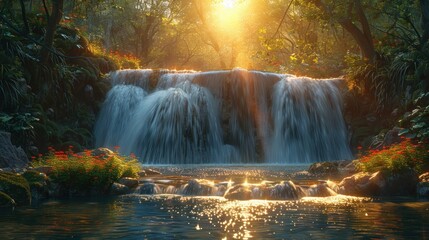 Waterfall in the Forest Sunlight
