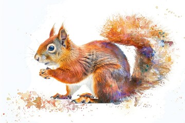 Wall Mural - Watercolor painting of a red squirrel in natural environment