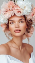 Wall Mural - A woman wearing a flower crown with a white background. The woman has a very pretty and elegant look