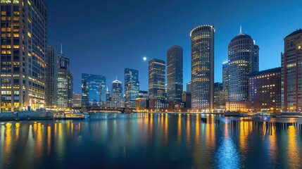Wall Mural - Evening skyline view of a major financial district like Chicago or Boston, with iconic skyscrapers illuminated against the twilight, symbolizing economic power and global finance.