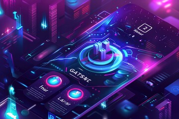 Poster - A futuristic cityscape with a phone displaying the word 