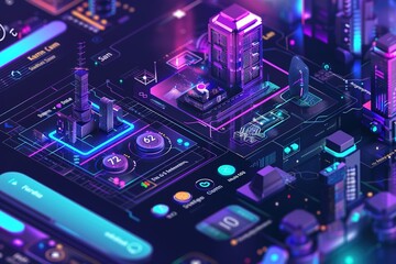 Poster - A futuristic cityscape with buildings and a tower