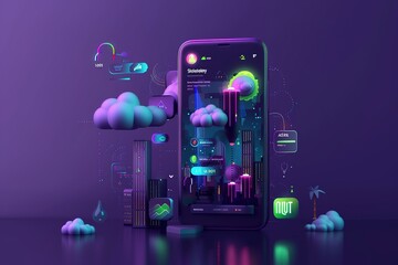 Poster - A cell phone with a purple background and a cityscape on the screen