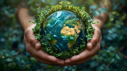 A conceptual image representing International Peace Day featuring two hands cradling a vibrant globe adorned with green foliage, symbolizing environmental care and global harmony