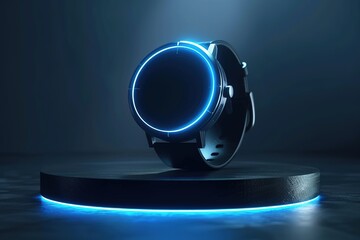 Poster - 3D icon of a smartwatch on a podium, with a blue glow effect, minimalistic background, dark color palette, hyper realistic